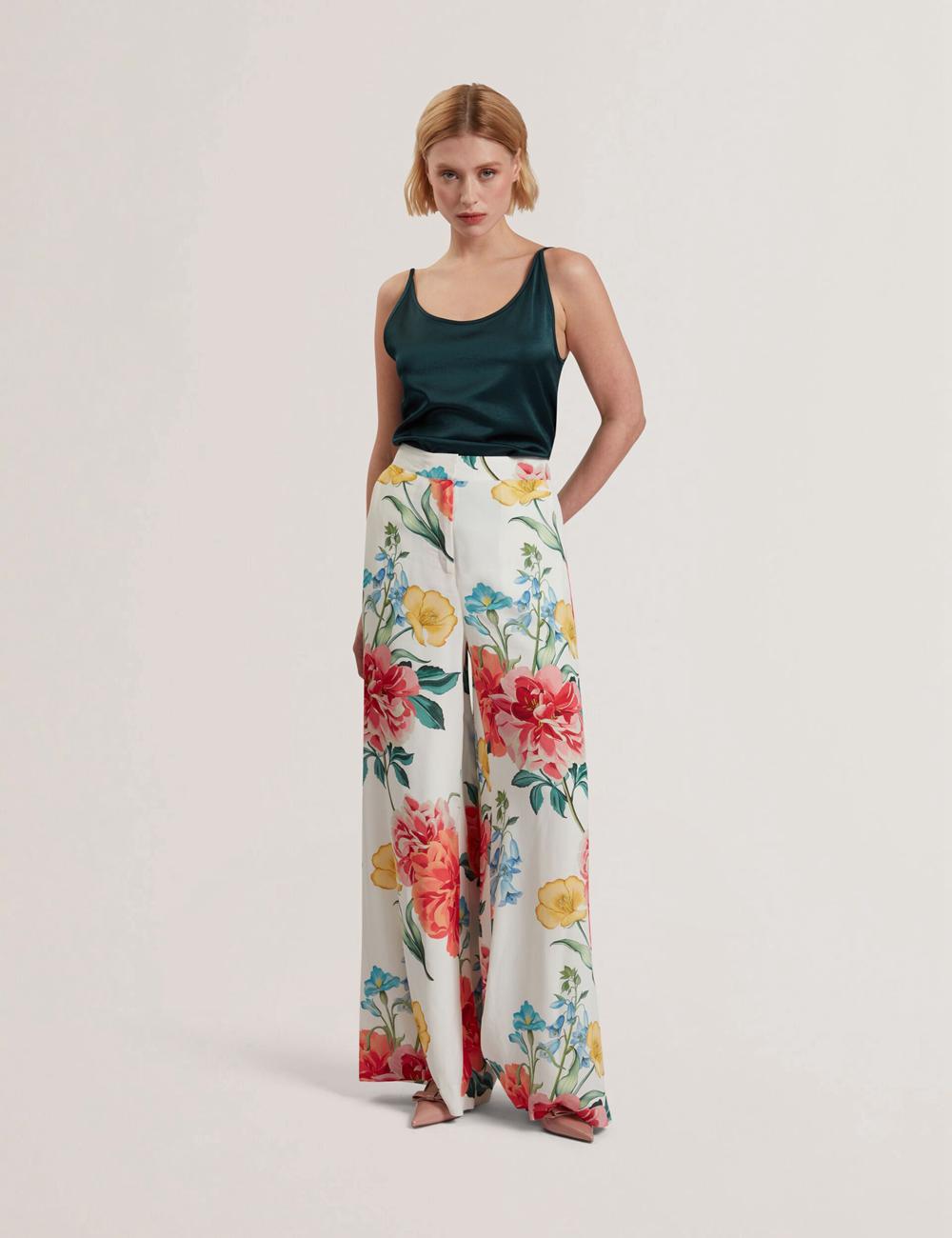 White Women Ted Baker NYMPHAT - Floral Print High Waisted Wide Leg Trousers | SA  QRH-403657