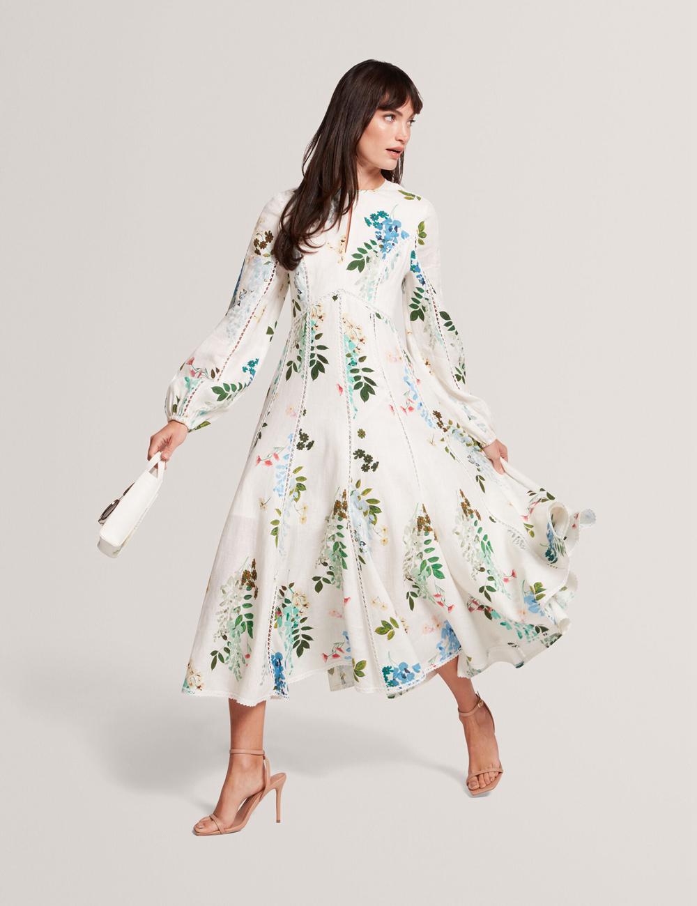 White Women Ted Baker UTALA - Floral Crochet Trim Linen Midi Dresses | SA  ZRA-520768