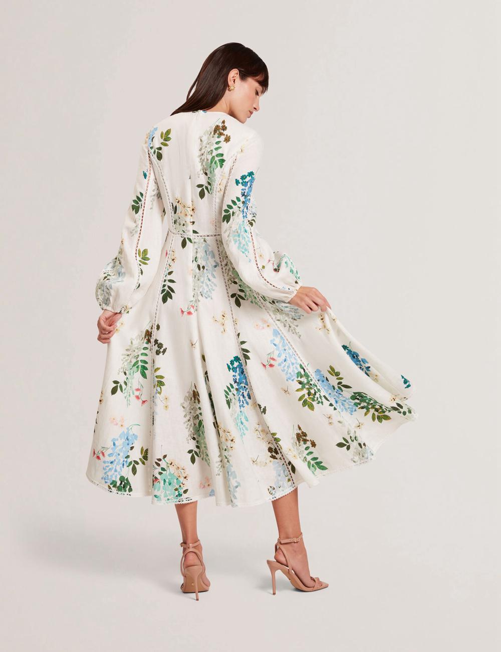 White Women Ted Baker UTALA - Floral Crochet Trim Linen Midi Dresses | SA  ZRA-520768