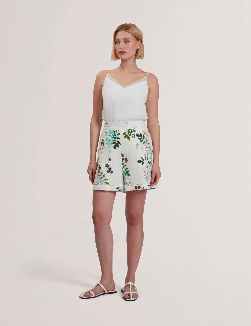 White Women Ted Baker VYLLA - Floral High Waist Linen With Trim Detail Shorts | SA  THB-620975