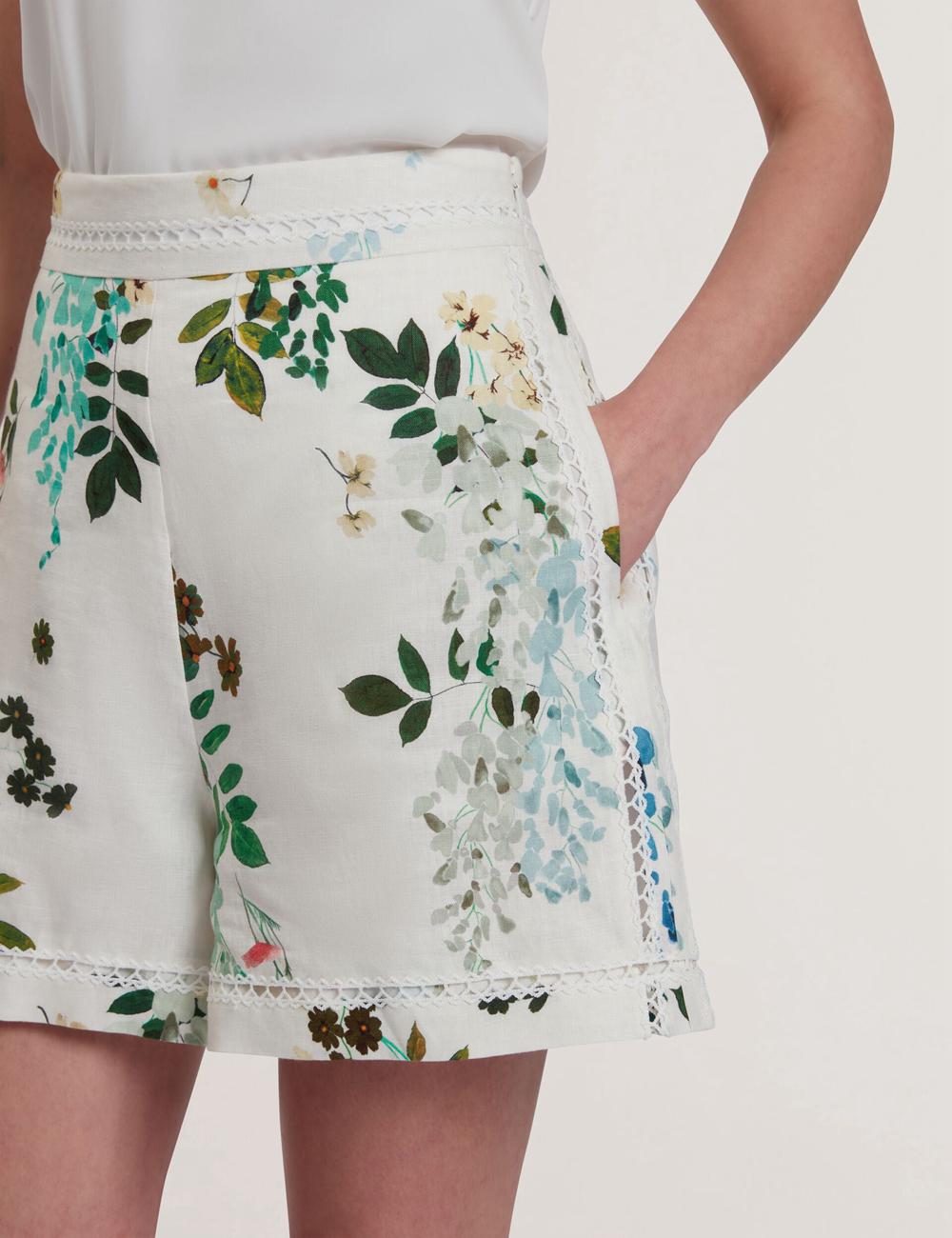 White Women Ted Baker VYLLA - Floral High Waist Linen With Trim Detail Shorts | SA  THB-620975