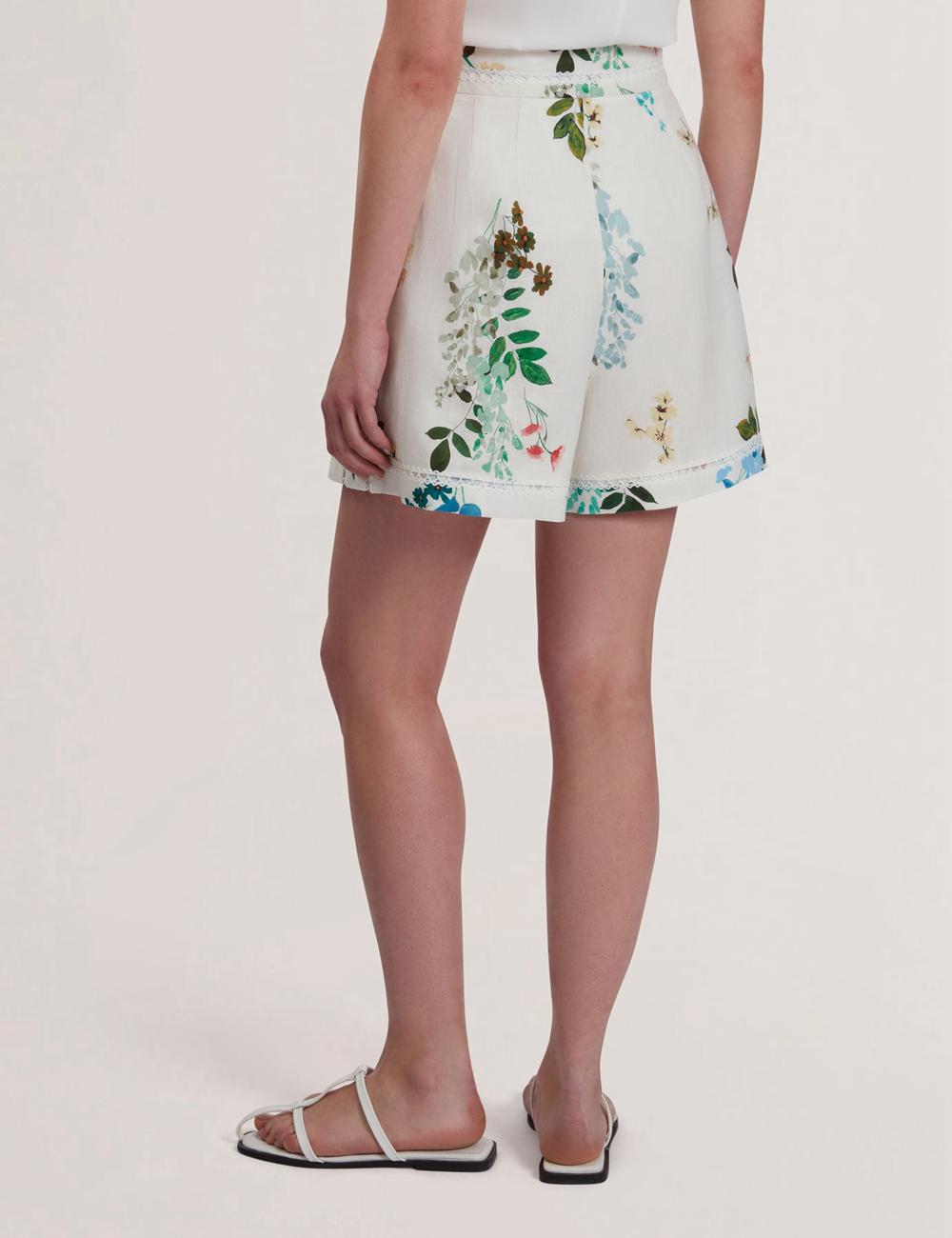 White Women Ted Baker VYLLA - Floral High Waist Linen With Trim Detail Shorts | SA  THB-620975
