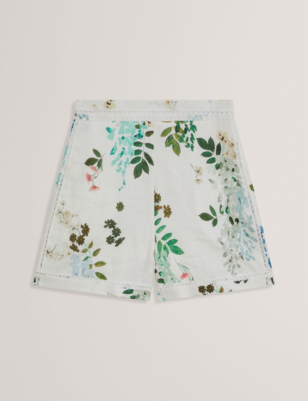 White Women Ted Baker VYLLA - Floral High Waist Linen With Trim Detail Shorts | SA  THB-620975